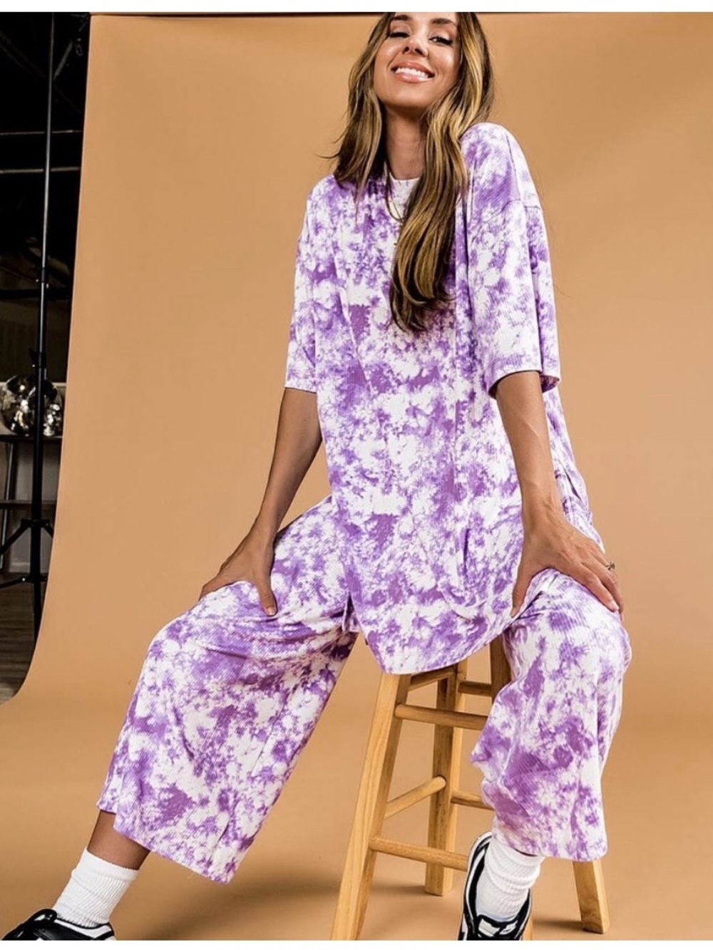 Dressed in LALA Lex Ribbed Playsuit Cosmic Tie Dye Purple Size Medium NEW NWT